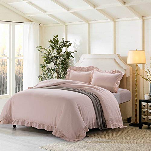 meadow park Stone Washed French Linen Duvet Cover Set 3 Pieces- Super Soft, King Size 104 inches x 94 inches - Shams 20 inches x 36 inches, Ruffled Style - Button Closure - Corner Ties, Pale Pink