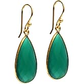 Gempires Genuine Gemstone Faceted Long Pear Gemstone Drop Dangle Hook Earrings, Statement Jewelry For Her, 1.5 inch Drop 14K Gold Plated, Gift For Woman
