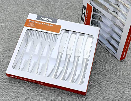 Steak Knives and Forks Set of 8 - Premium Stainless Steel, Polished Shiny Blade & Handle Dishwasher Safe - Straight Edge Non Serrated - Kitchen Tableware Knives Cutlery Set,Dinner Forks & knives UMOGI - Thumbnail 6