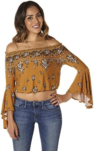 Rock N Roses Women's Off Shoulder Floral Print Casual Shirt Bell Sleeve Blouse Crop Top Mustard Medium
