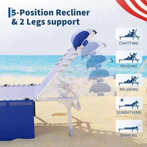 GarveeLife Tanning Chair with Face Hole, 3-in-1 Outside Beach Lounge Chair Outdoor with Folding Table, 5 Reclining Positions and Removable Pillow for Beach Pool Lawn Yard Patio, Max 330lbs (Blue)