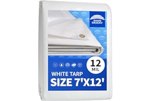 12 Mil Heavy Duty White Tarps 7' X 12', Extra Thick,Durable,Waterproof, UV Resistant, Weatherproof Poly Tarp,with Metal Grommets and Reinforced Edge (Finished Size)-by Raindeway
