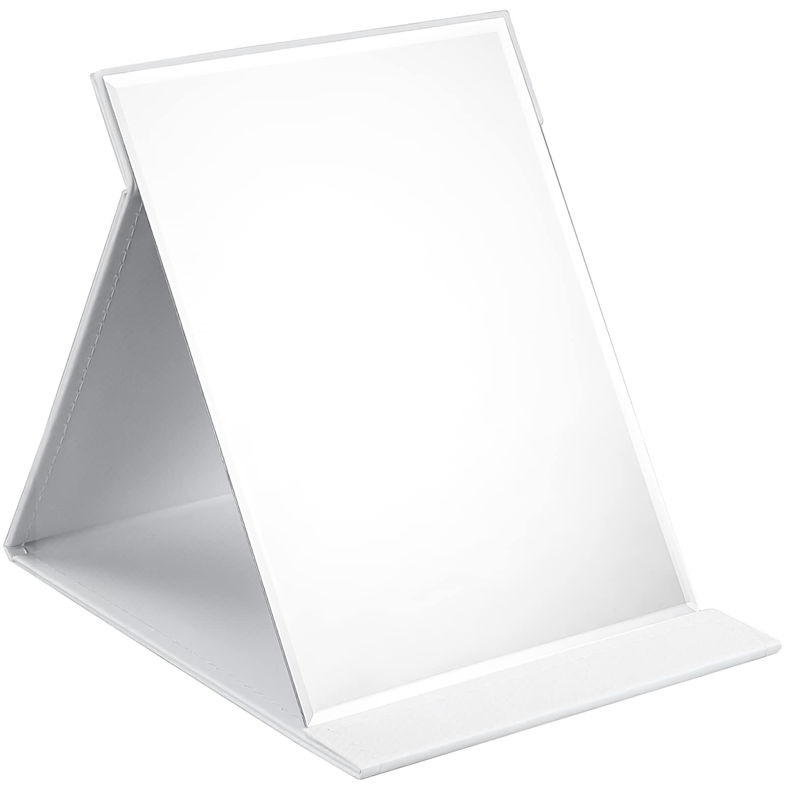 OWLKELA 25x18cm Portable Folding Mirror, Super HD Compact Makeup, White PU Leather Travel, Free Standing Vanity, Tabletop Foldable