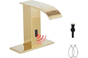 YBlucklly Automatic Sensor Touchless Bathroom Sink Faucet DC Powered Sensor Hands Free Bathroom Tap Gold Vanity Faucets with Hole Cover Plate with Control Box and Temperature Mixer with Drain