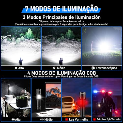 Lanterna Led Recarregável 10000Lúmen, Lanternas Tatica Militar Há 7 Modos, XHP90.2 Chip, lanternas Potente Zoom de Longo Alcance, Lanternas Para Acampamento, Pesca Emergências, Super Lanterna USB LED
