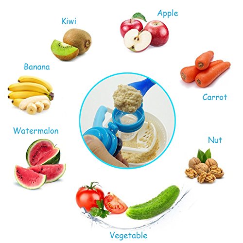 StarRoad Premium Child Baby Infant Food Feeder, Fresh Fruit Meat food Baby Teething Toy Training Teether Pacifier Safe Silicone Nipple Storage Container Feeding (M&L, Red&Yellow) - Thumbnail 2