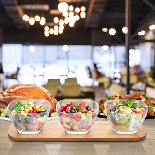 Dipping Bowls & Candy Dish Set - 3 Clear Glass Bowls On Bamboo Tray 6-oz Each | Appetizer Serving Tray Perfect For Dessert, Condiments, Nuts, Dips, And Snacks
