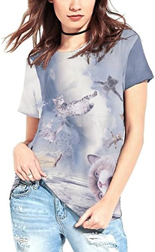 LoveLiness Women Skydiving Flying Cat Digital Print Short Sleeve Casual T shirt
