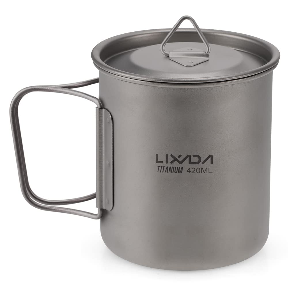 Lixada Ultralight Titanium Portable Titanium Water Cup with Lid and Folding Handle Outdoor Camping Kitchen Picnic