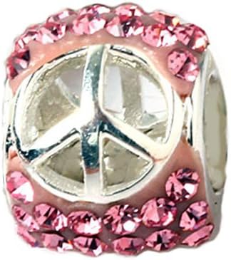 Everbling Peace Sign with Pink Austrian Crystal 925 Sterling Silver Bead Fits Pandora Charm Bracelet