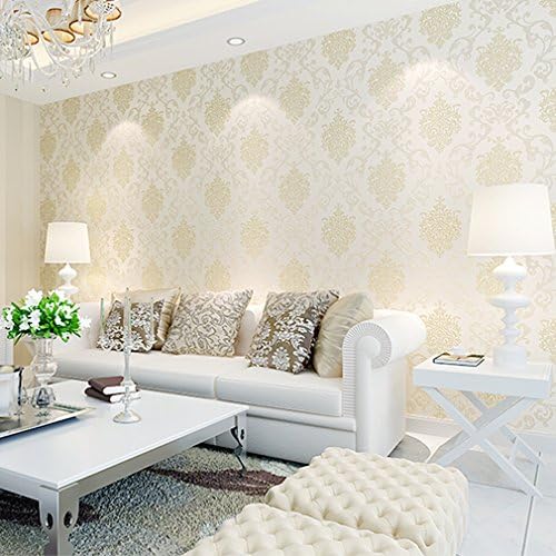 Modern Upgraded Environmental Protection Non-woven Fabrics Wallpaper,3D Victorian Damask Embossed Textured Wallpapers Stickers for Livingroom TV Background,21.6 x 393.7Inch,Rice white