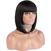 eNilecor Short Black Bob Wigs, 12" Straight with Flat Bangs Synthetic Colorful Cosplay Daily Party Wig for Women Natural As Real Hair+ Free Wig Cap (Black)