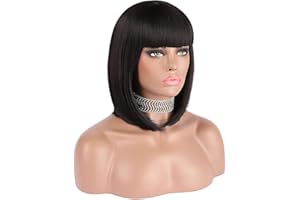 eNilecor Short Black Bob Wigs, 12" Straight with Flat Bangs Synthetic Colorful Cosplay Daily Party Wig for Women Natural As Real Hair+ Free Wig Cap (Black)