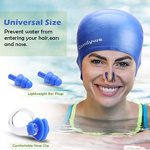 Candywe Swim Cap Cover Ears, Waterproof Silicone Bathing Swimming Cap,Swim Hat for Long Short Hair Women Men Kids Swimming Pool Caps with Nose Clip and Ear Plugs (Blue)