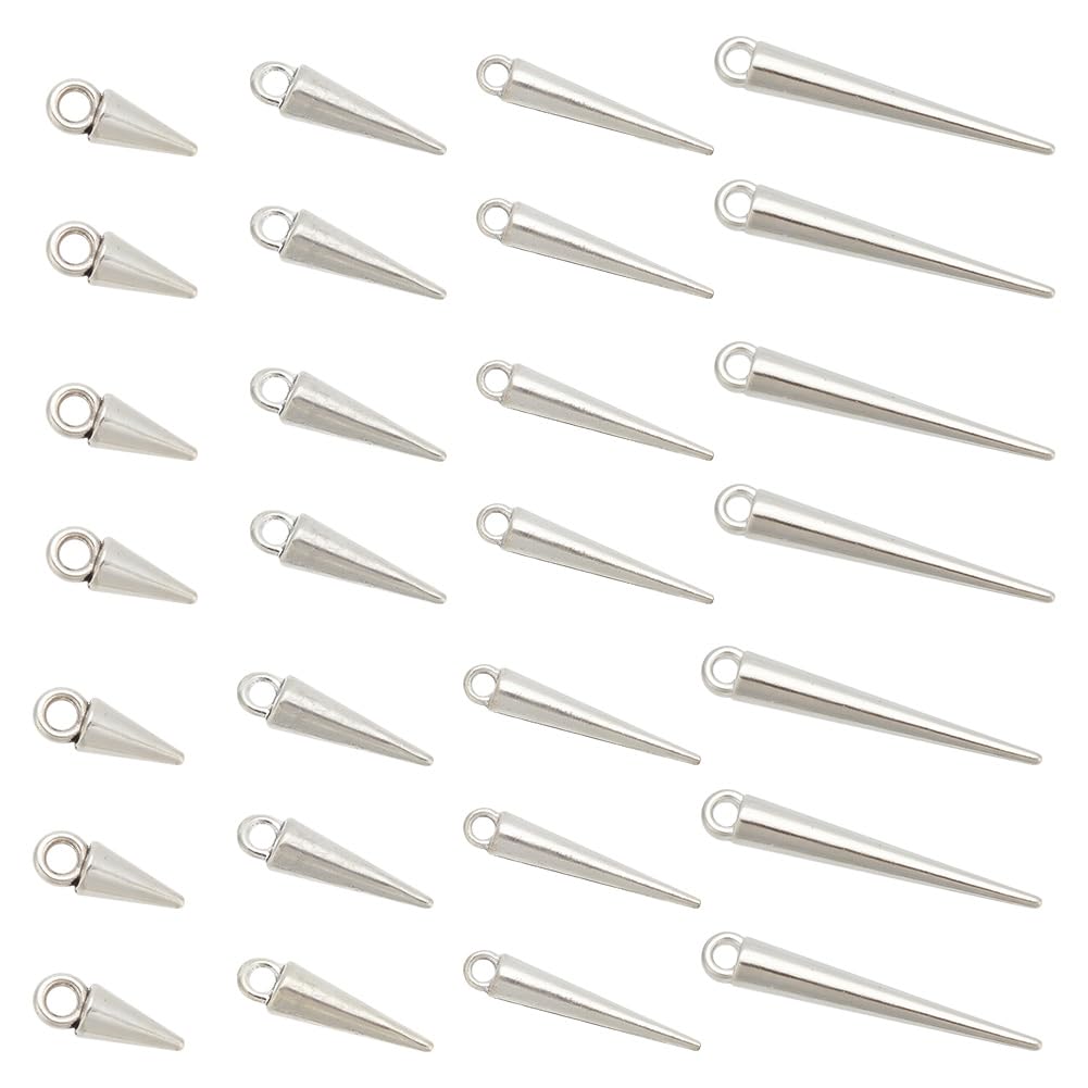 arricraft 120 Pcs Spike Beads Pendants, 4 Styles Antique Silver Alloy Cone Drop Charms Bullets Pendants Jewelry Making Supplies for DIY Necklace Bracelet Earrings