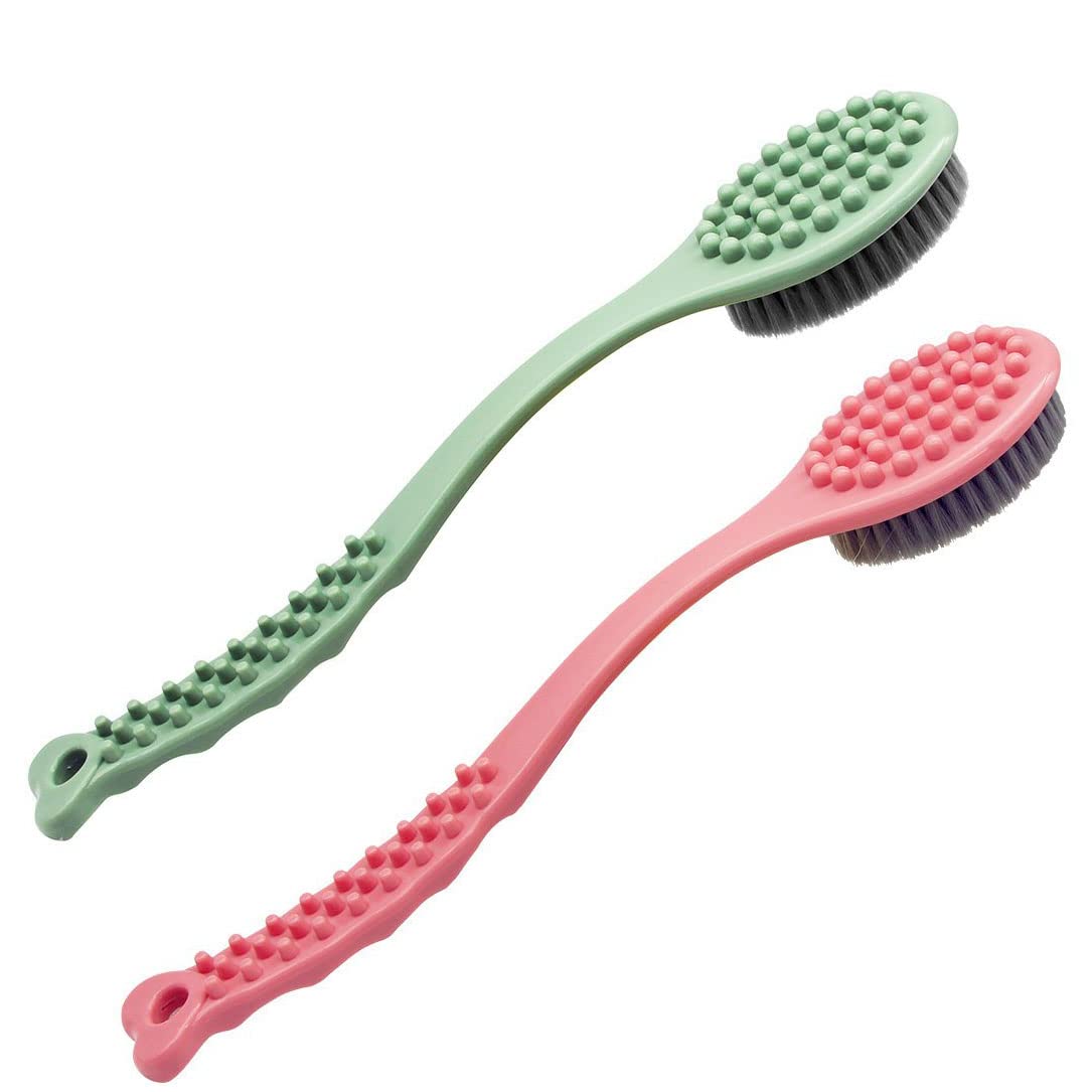 QiCheng&LYS Long Handle Bath Brush,Back Cleaning Brush,Long Wooden Handle Cleans The Body Easily-14in (Green and Pink)