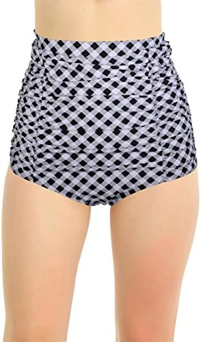 UNOW Women's Retro Shirred High Waisted Full Coverage Bikini Bottom Rushed Swimsuit Briefs Tankinis Shorts(Black and white grid,XL)