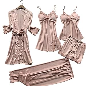 Chongmu Dames Satijn Pyjama 5 Stuks Zijden Thuiskleding Nachtkleding for Vrouwen Robes Shorts Broek Badjas