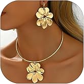 NOVYRA Gold Flower Earrings Necklace Set Vintage Large Double Flower Pendant Earrings Summer Spring Charm White Flower Statement Necklace Trendy Double Flower Jewelry For Women