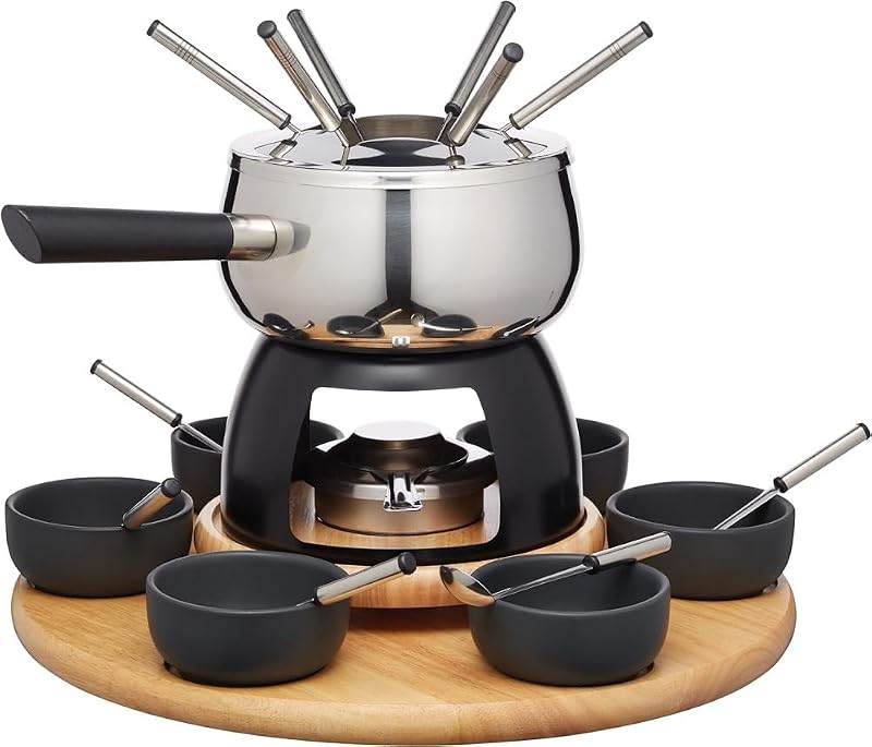 Conjunto de Fondue para Gira-discos Artesà Lazy Susan, Tacho de Fondue em Aço Inoxidável com Fogão, Recipientes e Utensílios, Conjunto de 22 Peças, Preto