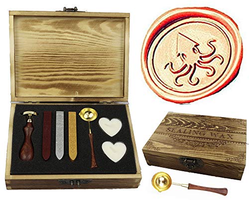 MNYR Octopus Elegant Wooden Box Wax Seal Sealing Stamp Wedding Invitations Gift Stationary Envelope Embellishment Seals Custom Wax Seal Sticks Wooden Handle Melting Spoon Heart Candle Gift Box Set