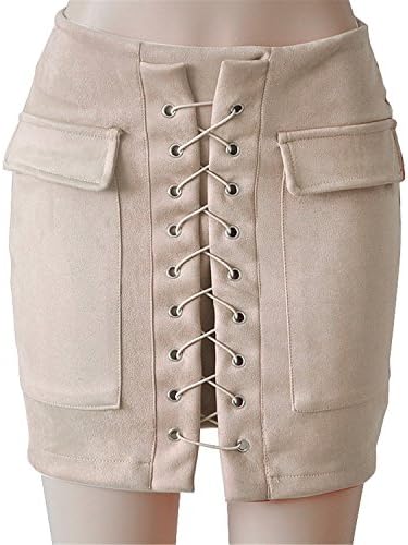 Willie Marlow Fashion Womens Autumn Lace-up Leather Suede Pencil Skirts High Waist Zipper Split Bodycon Short Skirts Beige M