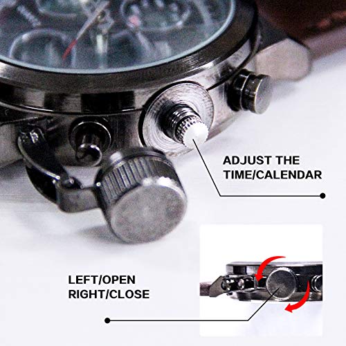 Mens Sports Watches Men Military Waterproof Big Face Analog Digital Brown Leather Band Wrist Watch (Black) - Thumbnail 6