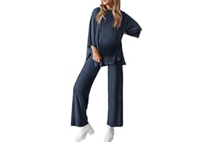 FMEYOA Womens Maternity Pajamas Sets 2 Piece Outfits Long Sleeve Tops and Pregnancy Loungewear Mama Clothes with Pockets
