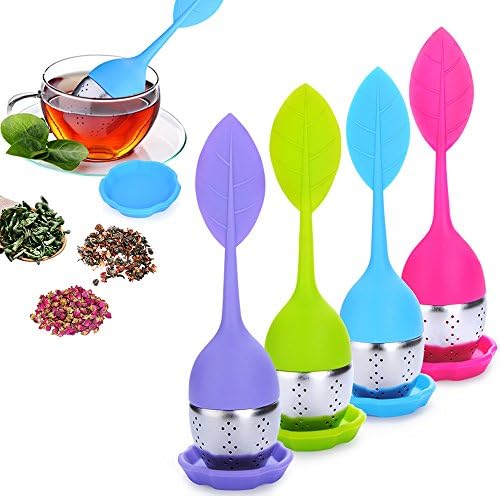 Tea Infusers Loose Leaf Tea Strainer BPA-Free Tea Infuser Silicone Handle Tea Ball 4 Pack Fine Mesh Tea Infuser with Drip Tray for Loose Leaf Tea Cups, Mugs, Teapots (Egg-Shaped)