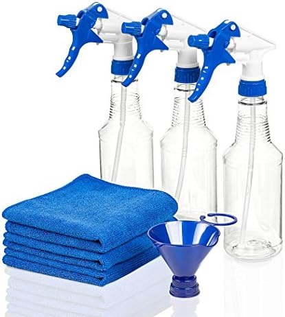 Truyya Cleaning Bundle 3 Clear Plastic Spray Bottles 16 oz 3 Absorbent Microfiber Towels 1 Funnel Leak-proof Adjustable Nozzle Ergonomic Trigger For cleaning Solutions Bath Kitchen Car Garden