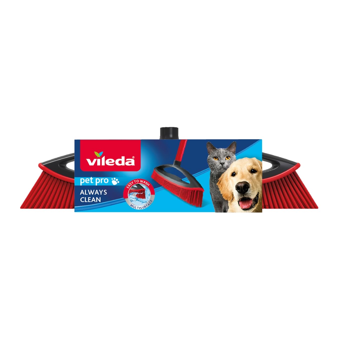 Vileda Multi Rubber Broom for Indoor and Outdoor Environments, Hard Rubber and Natural Rubber Suitable for Animal Fur and Hair, Red/Black, 34 x 13.5 x 4 cm