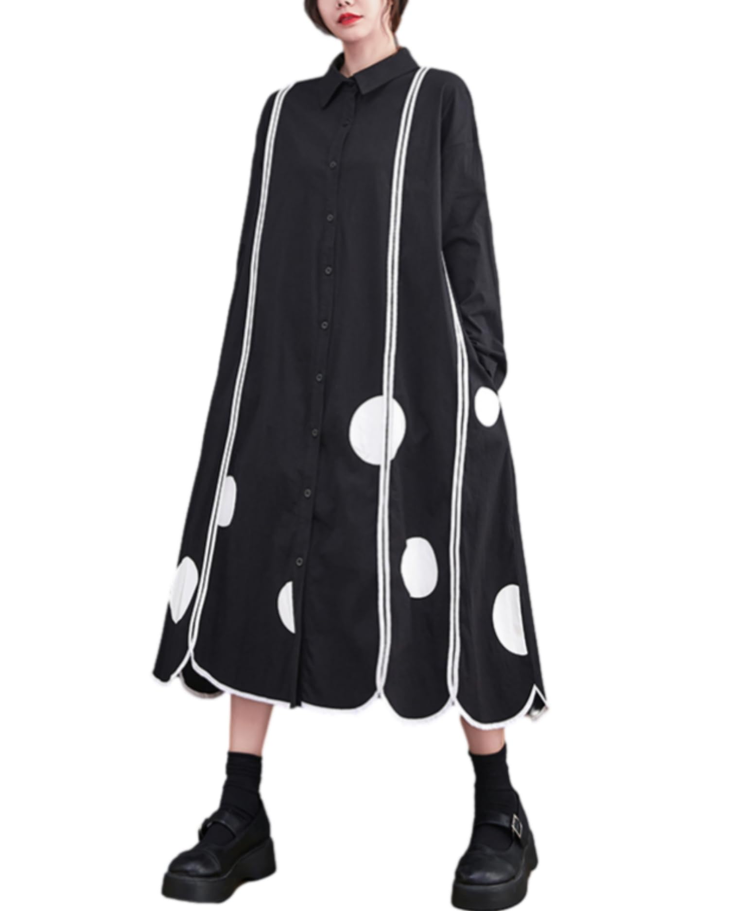 Photo 1 of ellazhu Women's Polka Dot Print Long Sleeve Vintage Irregular Hem Funky Oversized Dress GZ07 Black