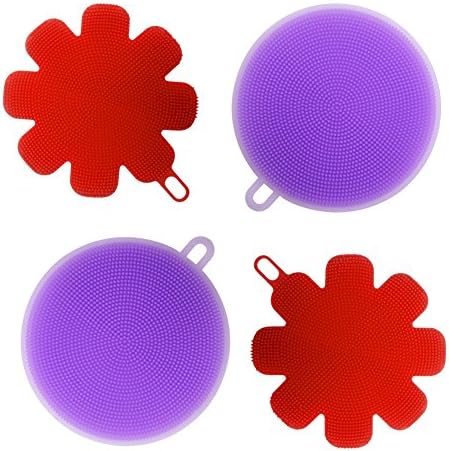 Silicone Sponge Multipurpose Antibacterial Silicone Scrubber for Kitchen Brush Pot Pan Dish Bowl -Wash Fruit and Vegetable -Pot Holder (4, purple+red)