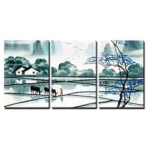 3 Piece Canvas Wall Art - Chinese Landscape Watercolor Painting - Modern Home Art Stretched and Framed Ready to Hang - 16"x24"x3 Panels
