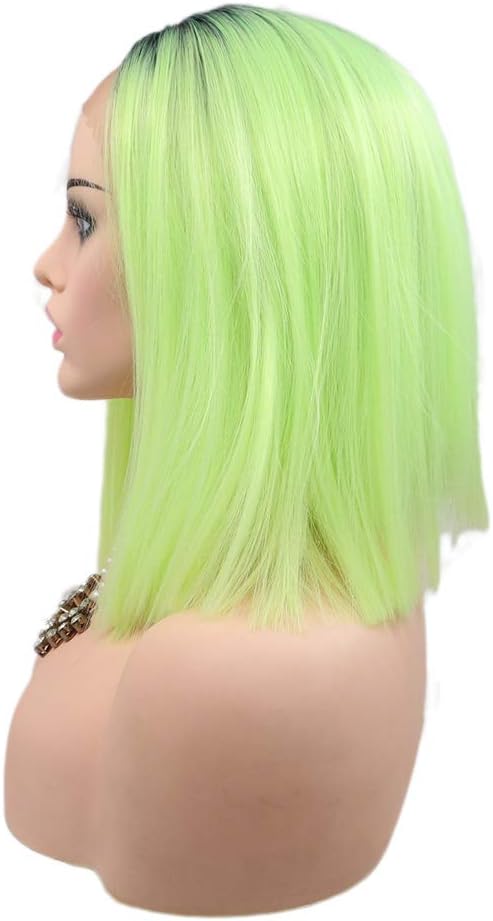 Neon Green Real Hair Lace Bob Wig Short Wigs for Black Women Black Root Fluorescence Green Ombre Wigs Hd Frontal Glueless Synthetic Lace Front Wig Short Drag Cosplay Daily 14Inch - Image 4