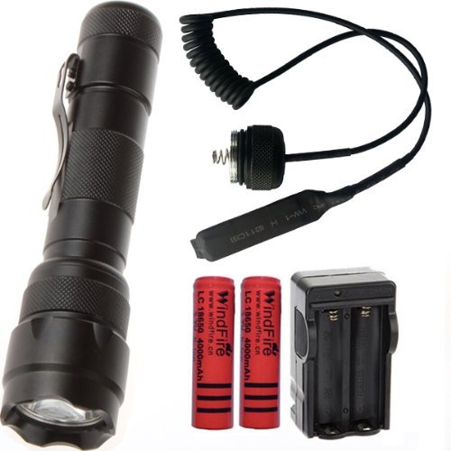 WindFire Wf-502b Cree Xm-l2 T6 LED 1000 Lumens 1 Mode Tactical Flashlight with Pressure Tail Switch, Rail Barrel Mount ,18650 Rechargeable Batteries and AC Charger A Completed Hunting set