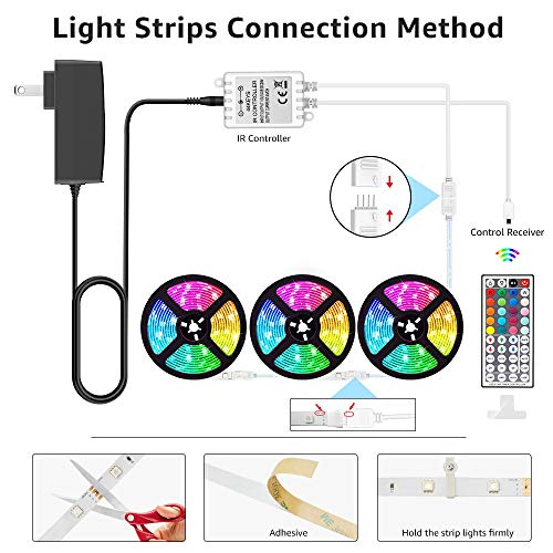Olafus 50ft RGB LED Strip Lights Kit with Power Adapter, Dimmable Color