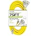 75 Foot Lighted Outdoor Extension Cord with 3 Electrical Power Outlets - 12/3 SJTW Heavy Duty Yellow Extension Cable with 3 Prong Grounded Plug for Safety