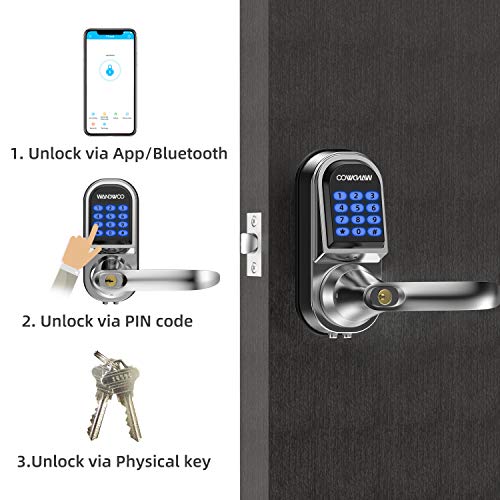 [2020 New]Smart Lock,Wandwoo Electronic Door Locks with Bluetooth Mechanical Keys Enabled Anti-peep Code Auto Lock Adjustable Hand for Home/Office/Hotel/Garage Apartment-Silver - Thumbnail 2