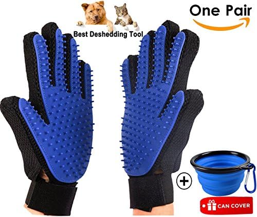 Pet Grooming Gloves, Dog Shedding Brushes Gloves Pet Hair Remover Glove Massage Tool with Enhanced Five Finger Design Perfect for Dogs &amp; Cats with Long &amp; Short Fur(Blue,1 Pair Glove with 1 Pet Bowl)