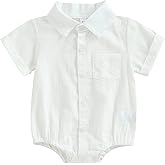 Doqcey Newborn Baby Boy Cotton Linen Shirt Bodysuit Solid Color Short Sleeve Button Down Bubble Romper Summer Clothes