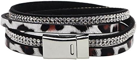 The November Nocturne Black Leopard Leather Double Row Diamond Accented Stainless Steel Buckle Bracelet