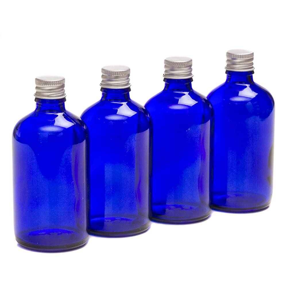 Aura 100ml BLUE GLASS Bottles with SILVER Screw on Lids - PACK of 4