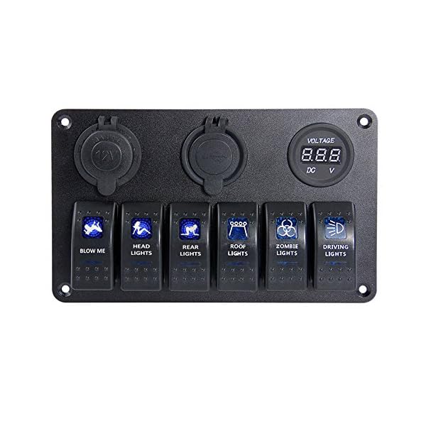 Proelectric-Blue-LED-Light-2-Waterproof-MarineBoat-Car-Switch-Panel-6-Gang-USB-Charger-Voltage-Indicator-Power-Socket-5-pin-On-Off-Rocker-Switch