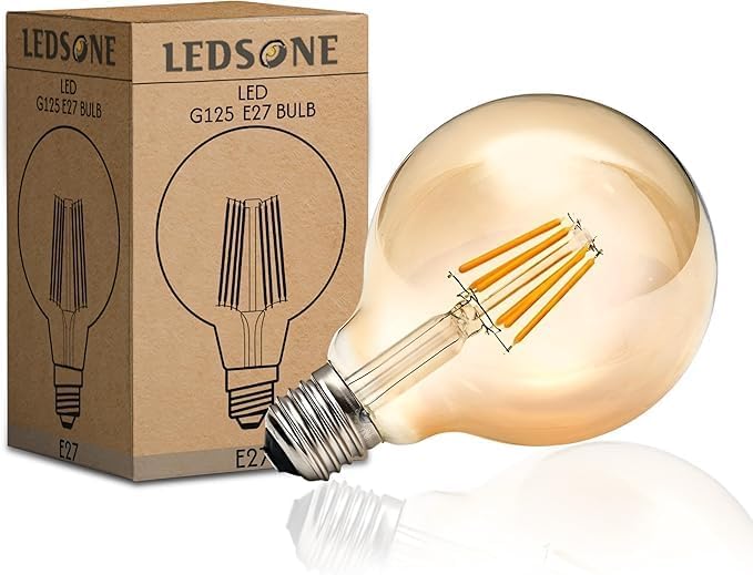 LEDSone Vintage E27 LED Bulb,Edison G125 8W Dimmable Bulb, LED Filament Large Globe Screw Light Bulb, Warm White 2700K Amber Glass, 800lm Lighting Decorative CRI 90+, Energy Saving,A+