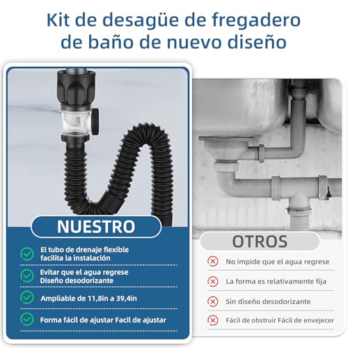 Kit de Drenaje para Lavabo de Baño,Tubo de Desague para Fregadero Antiolor,2 en 1 Kit de Drenaje para Fregadero,Fácil de Instalar,Antiobstrucción,Prevención de Olores,para Cocina,Baño (Estilo Ⅰ)