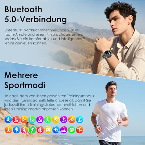 2026 Neu Smartwatch Herren mit EKG/Blutdruck/Harnsäure/Schlaf-Monitor/Emotion/Stimmung/BMI Rund 1,43"AMOLED Gesundheitsuhr mit Herzfrequenz SPO2,Bluetooth-Anrufe SOS-Notruf Fitnessuhr für iOS/Android