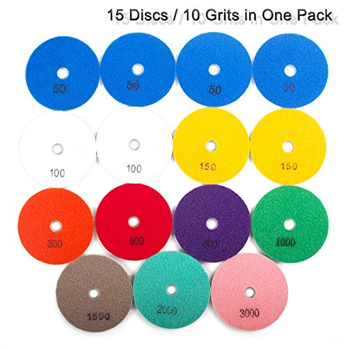 ADVcer 15pcs 4" Wet Diamond Polishing Pads Set - 50 to 3000 Grit Hook and Loop Backing Sanding Discs - Ideal Buffing Kit for Granite Concrete Marble Stone Countertop Ceramic Floor Grinder or Polisher