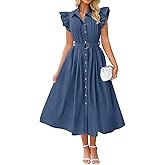 ZESICA Womens Summer Button Midi Dresses 2026 Flutter Short Sleeve Belted Business Casual Work Long Dresses with Pockets