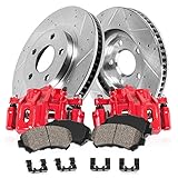 CCK03236 FRONT [2] Powder Coated Red Loaded Calipers + [2] Drilled/Slotted Rotors + Low Dust [4] Ceramic Brake Pads Kit